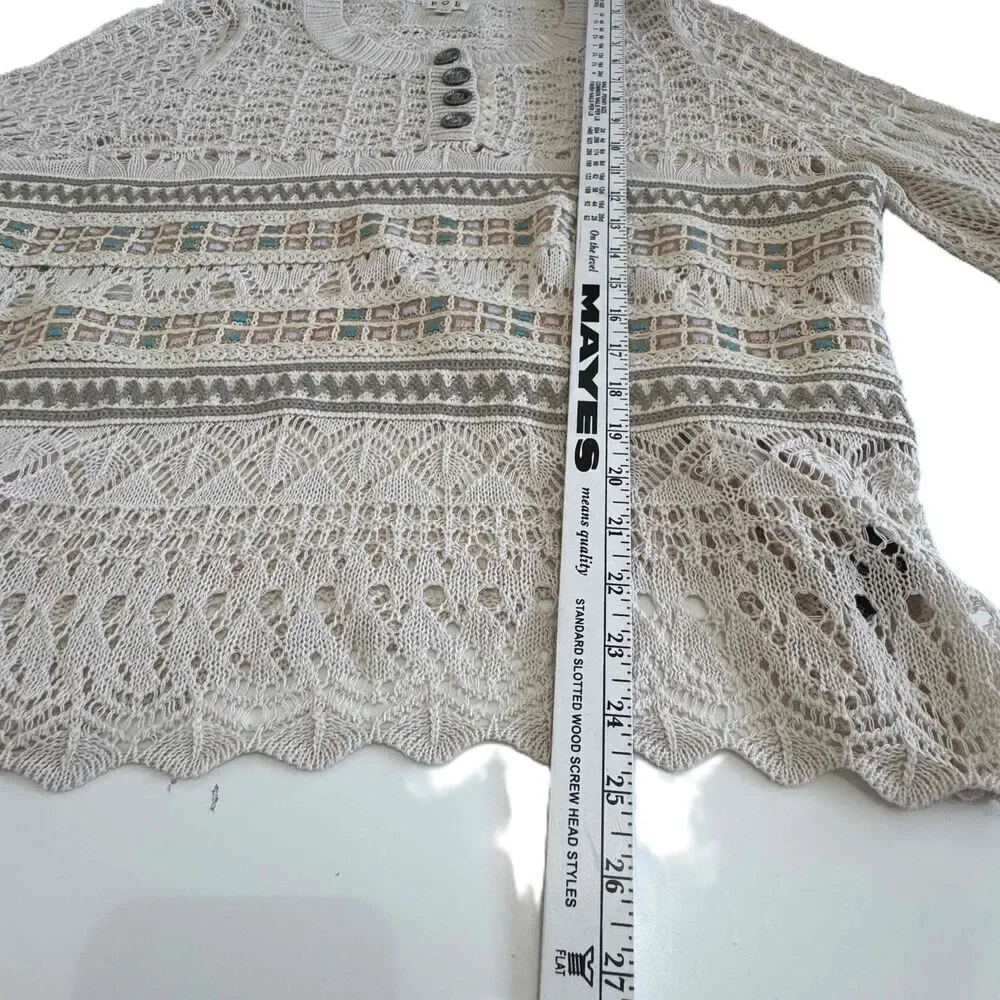 POL Sweater Crocheted Cream‎ Multicolor Embroidered Accents Pullover Size Medium